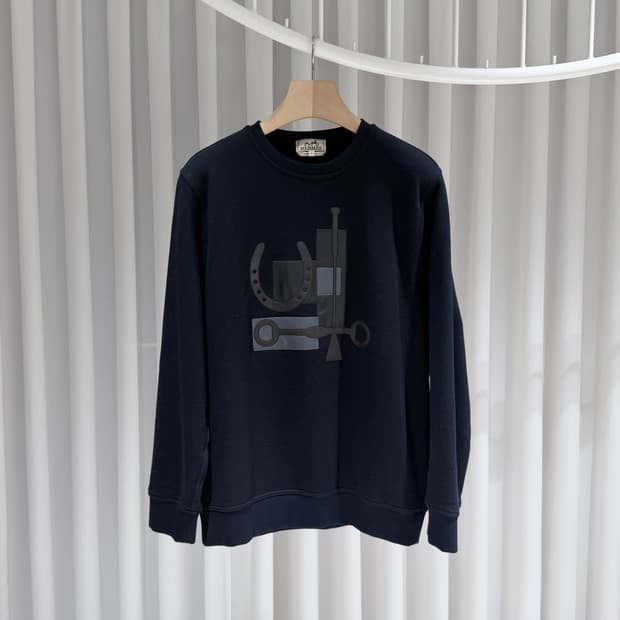 (A+/L) / 에르메스 홀스슈 레더 가죽 패치 스웨트셔츠 맨투맨 네이비