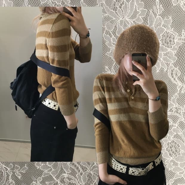 -jpn vintage camel stripe button knit