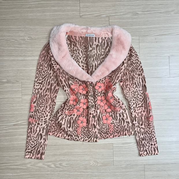 갸루걸 호피 퍼 자수 비즈 가디건