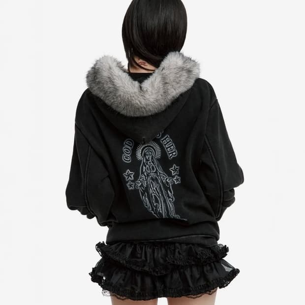 러프넥 블레스 퍼 집업 후디 차콜