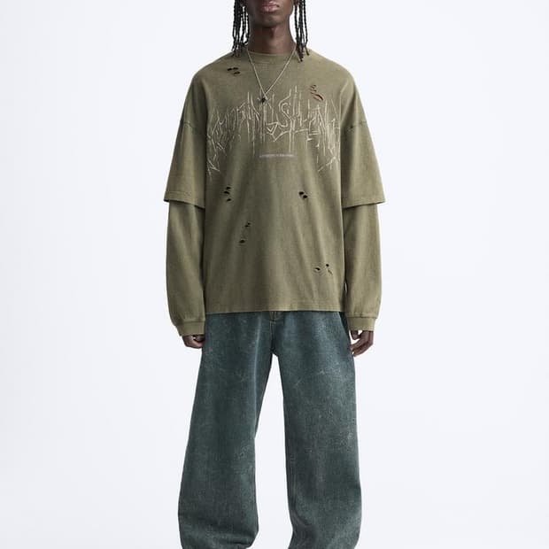 자라 빈티지 레이어드 티셔츠 카키 L/XL