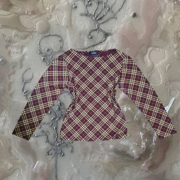 일본 빈티지 버건디 체크 보트넥 긴팔 티셔츠 롱슬리브