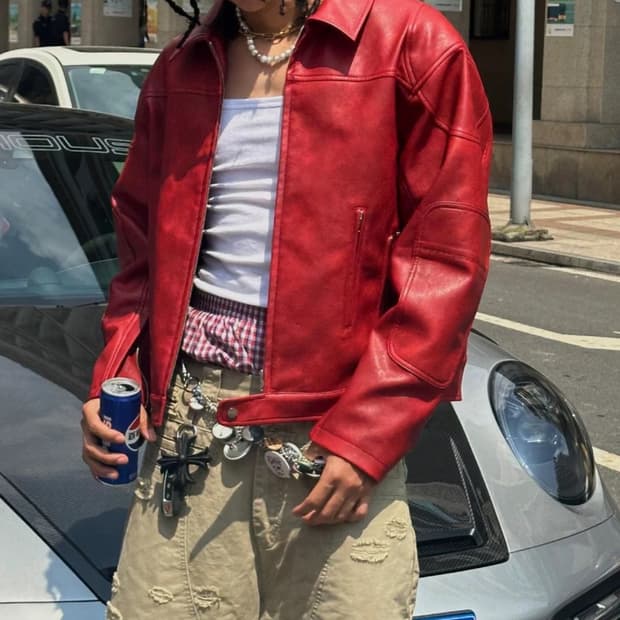 크림슨 레드 레더 자켓