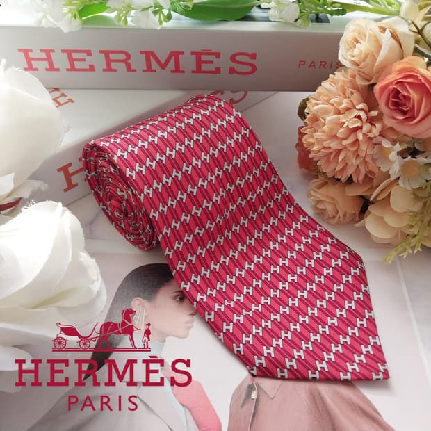 에르메스 실크 레드 H 모티브 넥타이 9.5cm A+~A등급 K2042