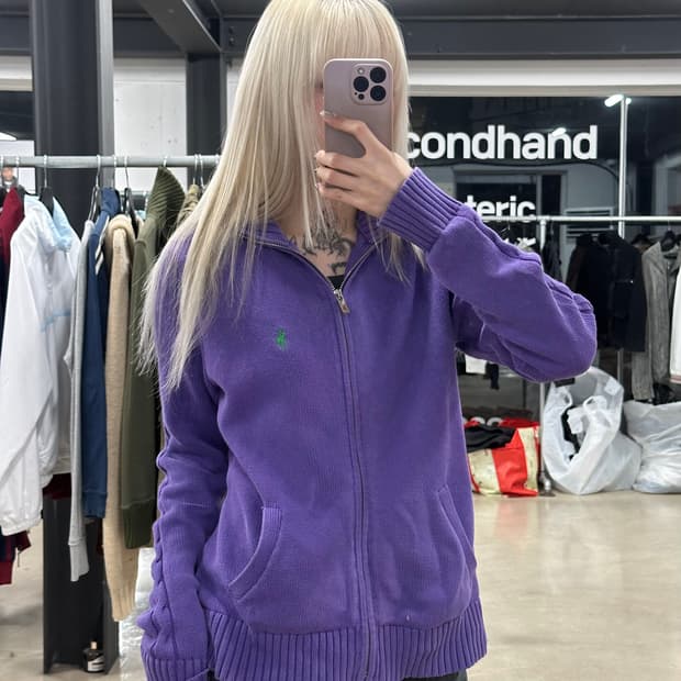폴로 랄프로렌 퍼플 그린 로고 니트 집업