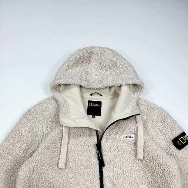 내셔널지오그래픽 와펜 화이트 후리스 후드집업 (M)