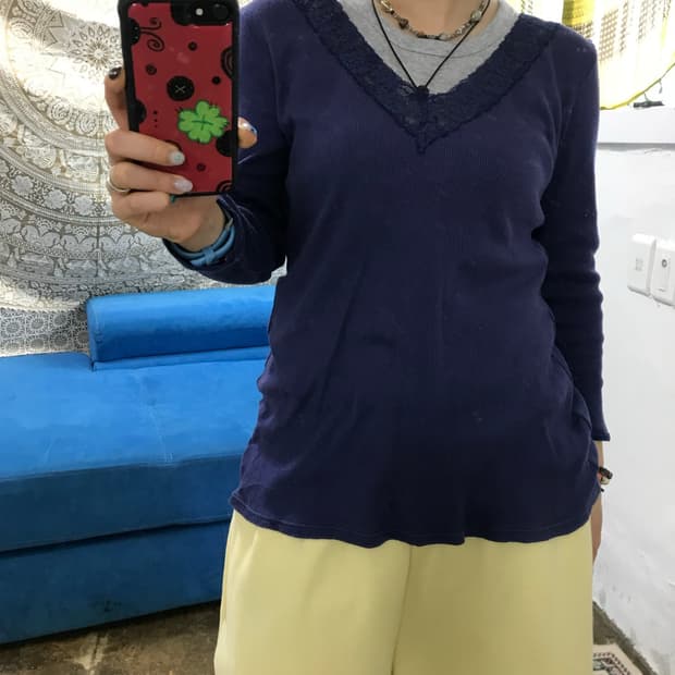 빈티지 여성 레이스 디테일 브이넥 롤슬리브 (Z1459)