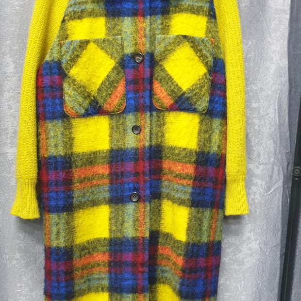 베네통 모헤어 체크 롱 코트