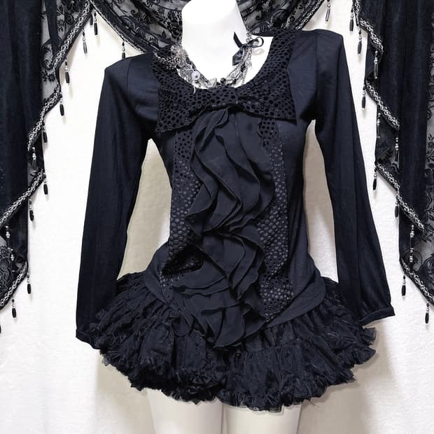 엑시즈팜 로맨틱고딕 왕리본 도트 땡땡이 프릴 로걀탑 공겜 고스로리 핀터