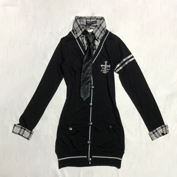 레이어드 체크 셔츠 가디건 블랙