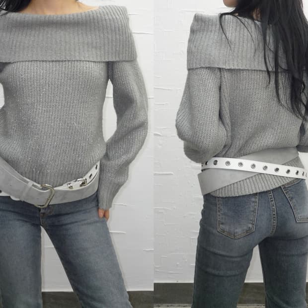 perl grey off shoulder knit