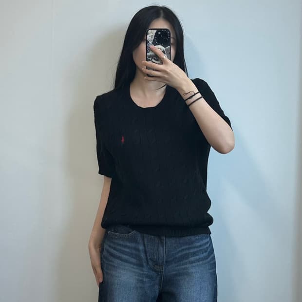 폴로 랄프로렌 qr 신형 블랙 반팔 꽈배기 니트
