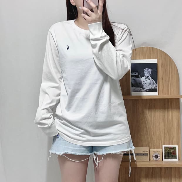 [정품] 폴로 화이트 / 네이비포니 라운드 긴팔티 [ L ]