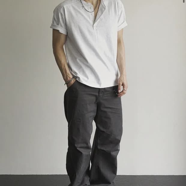 시도 헨리넥 반팔 1사이즈 화이트 그레이