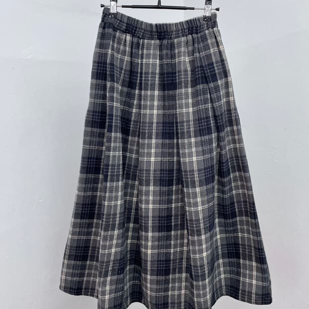 니혼진 체크 모직 롱 플리츠 스커트