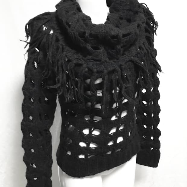 빈티지 vkei 아카이브 프린지 드레이프 하이넥 울 니트 탑