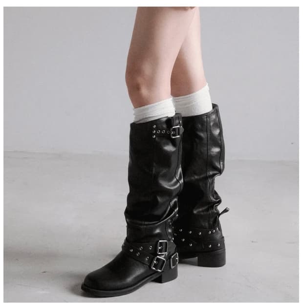 애프터나인티스 바이커 버클 셔링 롱부츠 4.5cm 블랙