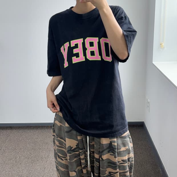 Obey 오베이 핑크그린 로고 블랙 반팔