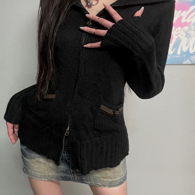 y2k 펑크 블랙 버클 니트 투웨이 집업