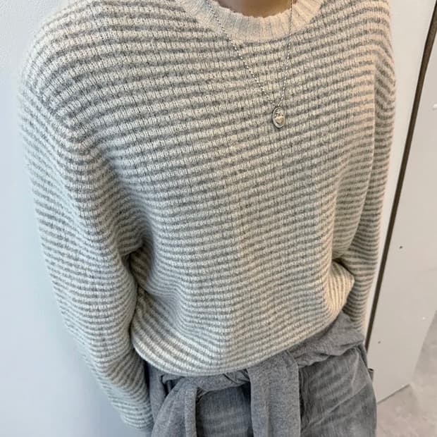 인템포무드 리스하버 스트라이프 니트 크림 그레이 M