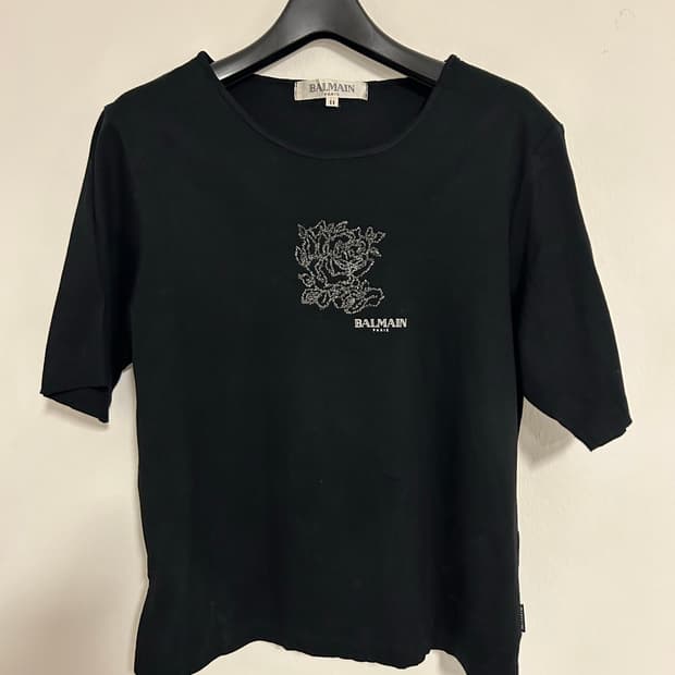 JPN 발망 비즈 플라워 로고 반팔 티셔츠