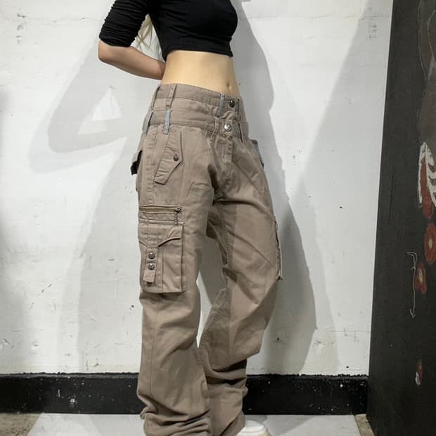 더블포커스 y2k 베이지 와투케 힙합 새깅 로우라이즈 도킹 카고 팬츠 L