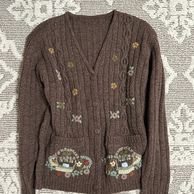 빈티지 초코브라운 꽃자수 가디건 모리걸 히피