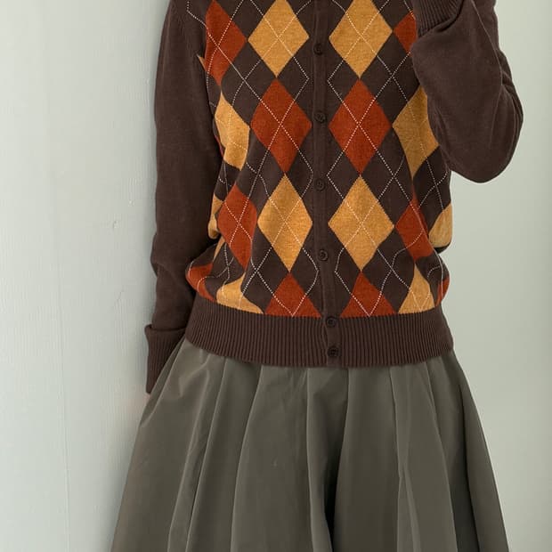 일본빈티지 브라운 아가일패턴 울 가디건