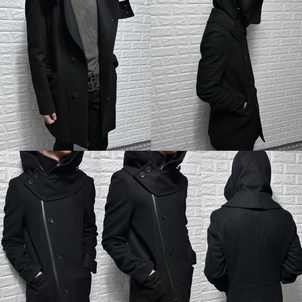 우영미 비대칭 사무라이 후드 울 코트