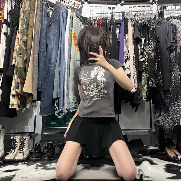 평크 프린팅 크롭 반팔