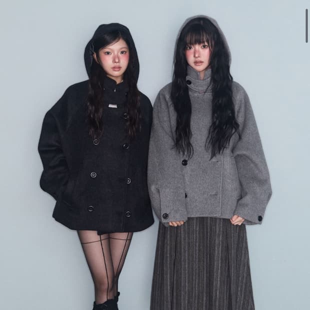 미레코 후디드 더블 하프 코트 차콜