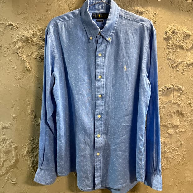 폴로 랄프로렌 POLO 클래식핏 앵커 패턴 버튼다운 린넨 셔츠 블루 M