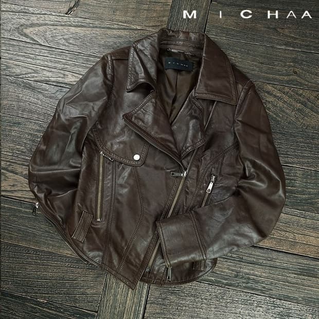 [미샤] 리얼 램스킨 양가죽 더블 사선 레더 자켓 브라운 M19178