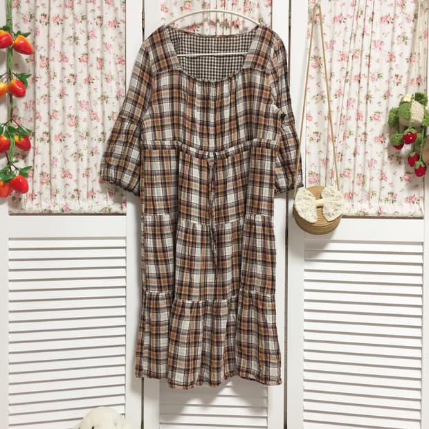 빈티지 모리걸 오렌지 체크 블라우스