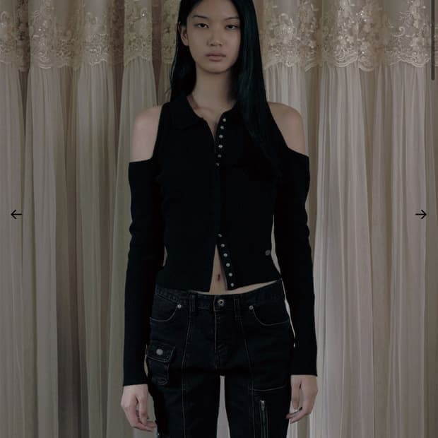 보헤미안 서울 숄더 홀 니트 가디건 블랙