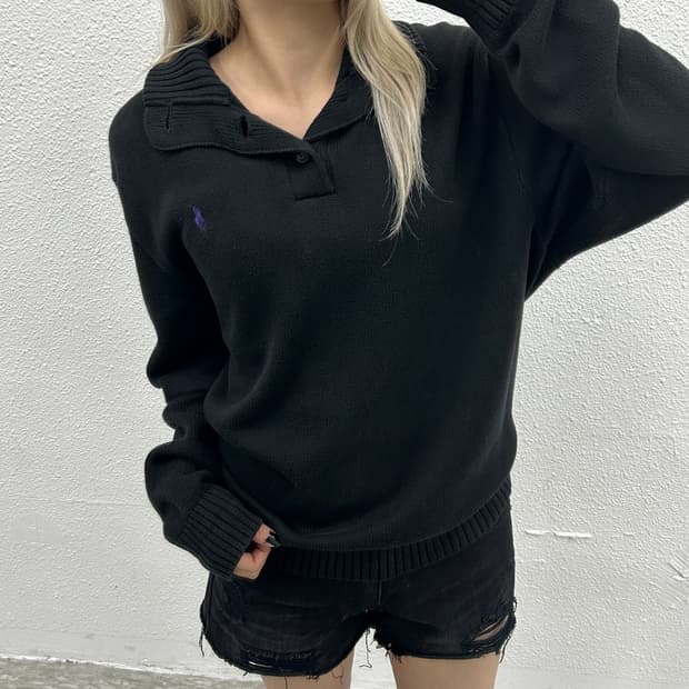 폴로 랄프로렌 퍼플포니 블랙 버튼 니트 L