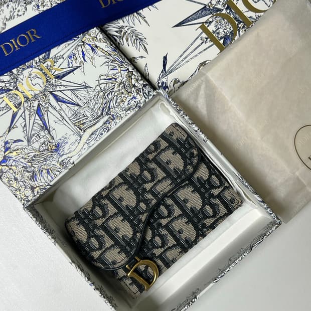 [정품] 디올 새들 플랩 카드 홀더 블루 디올 오블리크 자카드