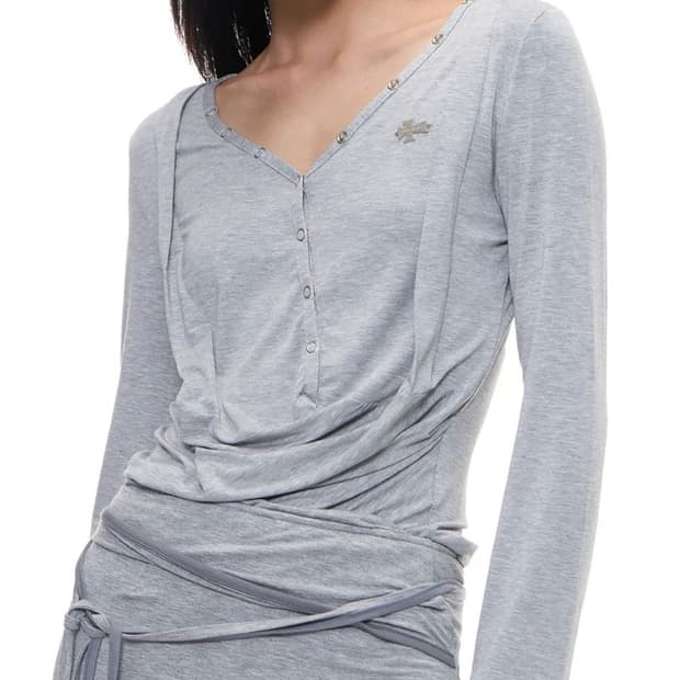 새상품) 2000아카이브스 드레이프드 헨리탑 멜란지그레이