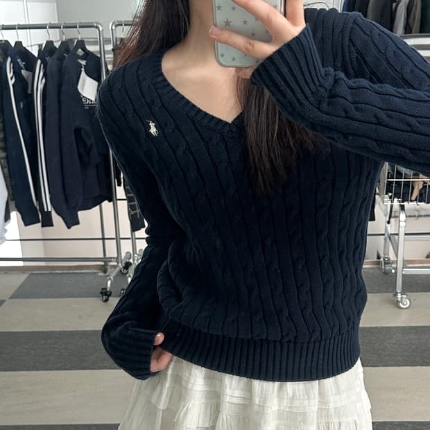 폴로 랄프로렌 네이비 V넥 케이블 니트 