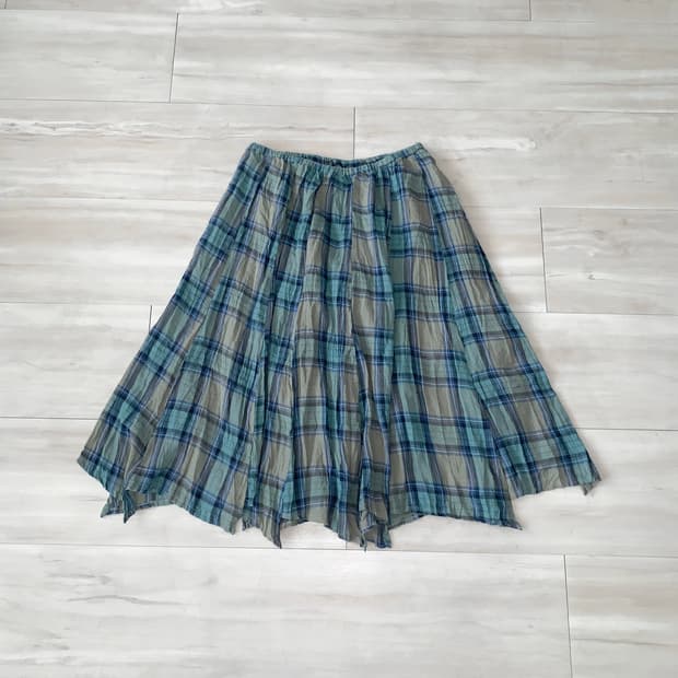 Blue Plaid Crinkle Midi Skirt