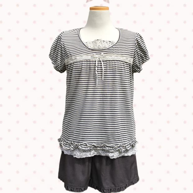 플라워 크로쉐 스트라이프 반팔T