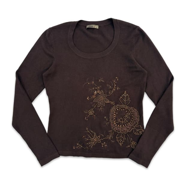 빈티지 Alissa 브라운 자수 비즈 니트