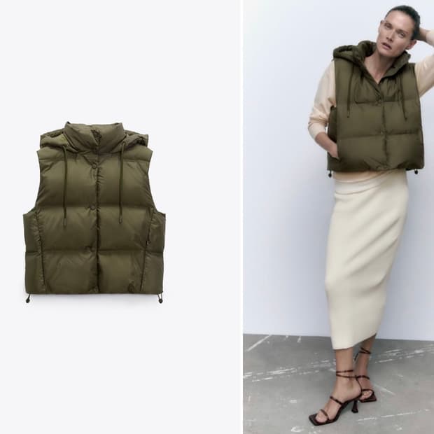 자라 숏 푸퍼 패딩 조끼 베스트 카키