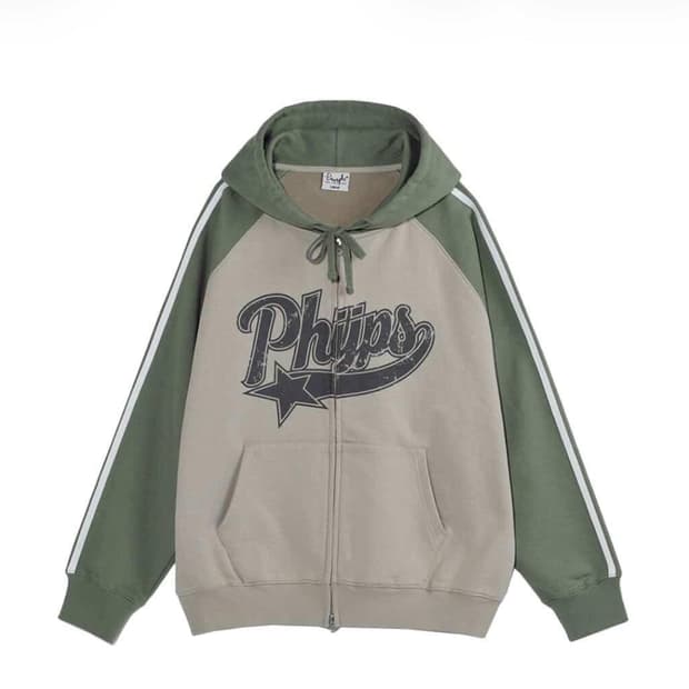 피지컬 디파트먼트 스타테일 컬러블럭 후드집업그린 베이지