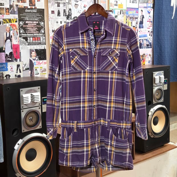 JPN 엑스걸 퍼플 체크 하프 점프슈트