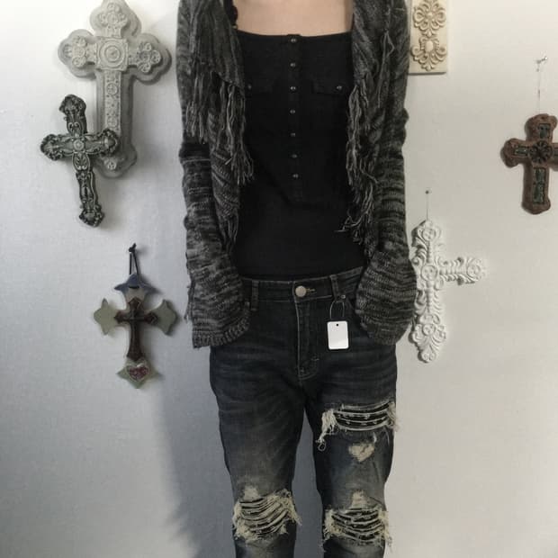 Fringe open knit cardigan