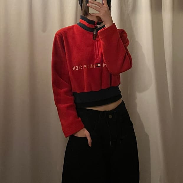 타미힐피거 크롭 반집업 플리스