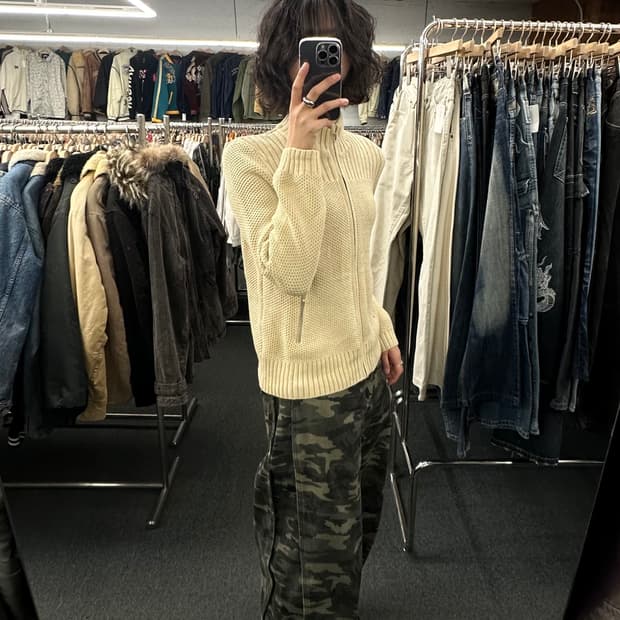 XL)Japanese vintage 유니클로 여성 와플 니트집업 가디건