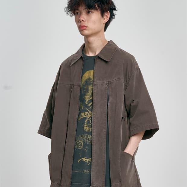 아조바이아조 하프 슬리브 절개 집업 셔츠