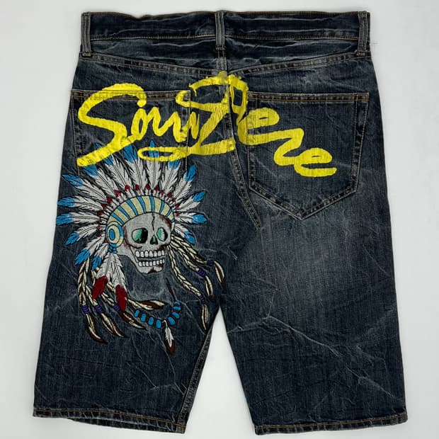 빈티지 인디언 스컬 자수 데님숏츠